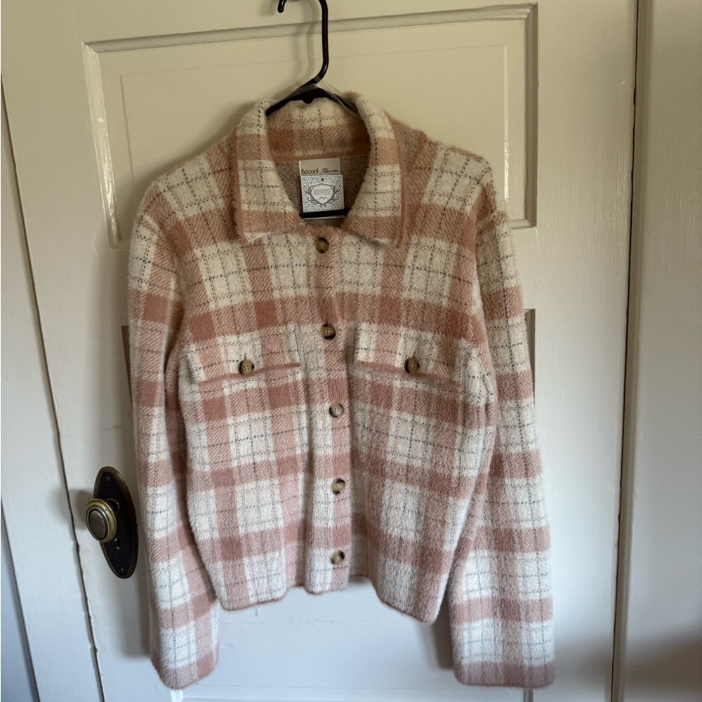 Plaid Teddy Jacket in Pink and Cream